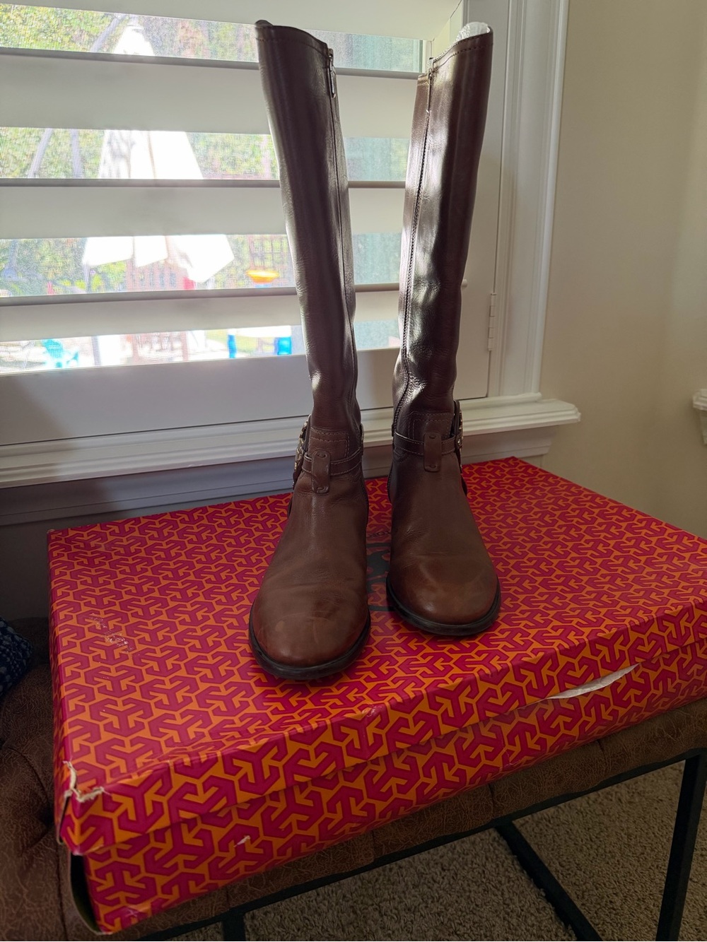 Tory Burch Brown Tall Leather Riding Boots with Buckle Detail